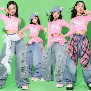 女童jazz粉色爵士舞服装牛仔裤子少儿练功服套装儿童街舞演出服潮