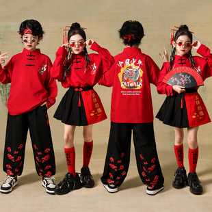 儿童红色中国风啦啦队演出服新中式国潮衣服套装小学生运动会服装