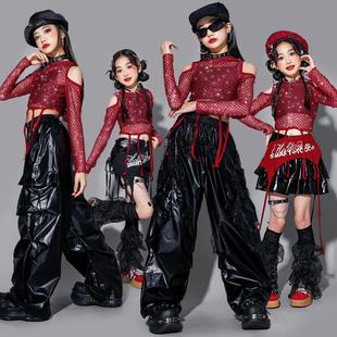 女童红色爵士舞服装儿童街舞演出服少儿jazz走秀炸街潮装女孩上衣