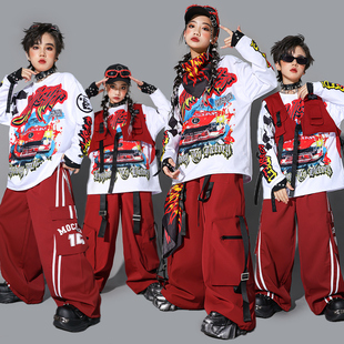儿童hiphop红色街舞演出服男童嘻哈马甲套装少儿架子鼓表演服装潮