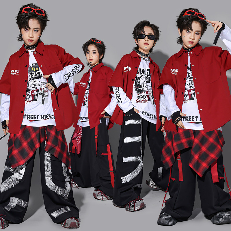 儿童红色街舞演出服男童hiphop衬衫套装少儿嘻哈架子鼓潮男孩服装,童装/婴儿装/亲子装,儿童演出服,淘宝优惠券,粉丝福利购,淘宝优惠卷