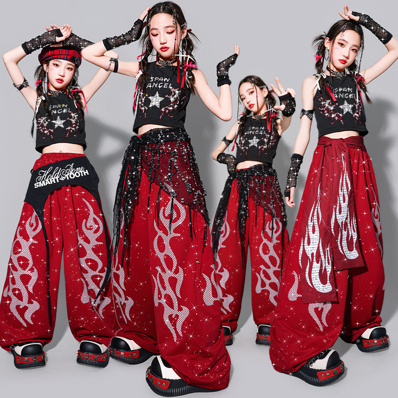 女童红色爵士舞服装幼儿jazz闪钻裤子儿童街舞演出服女孩背心套装