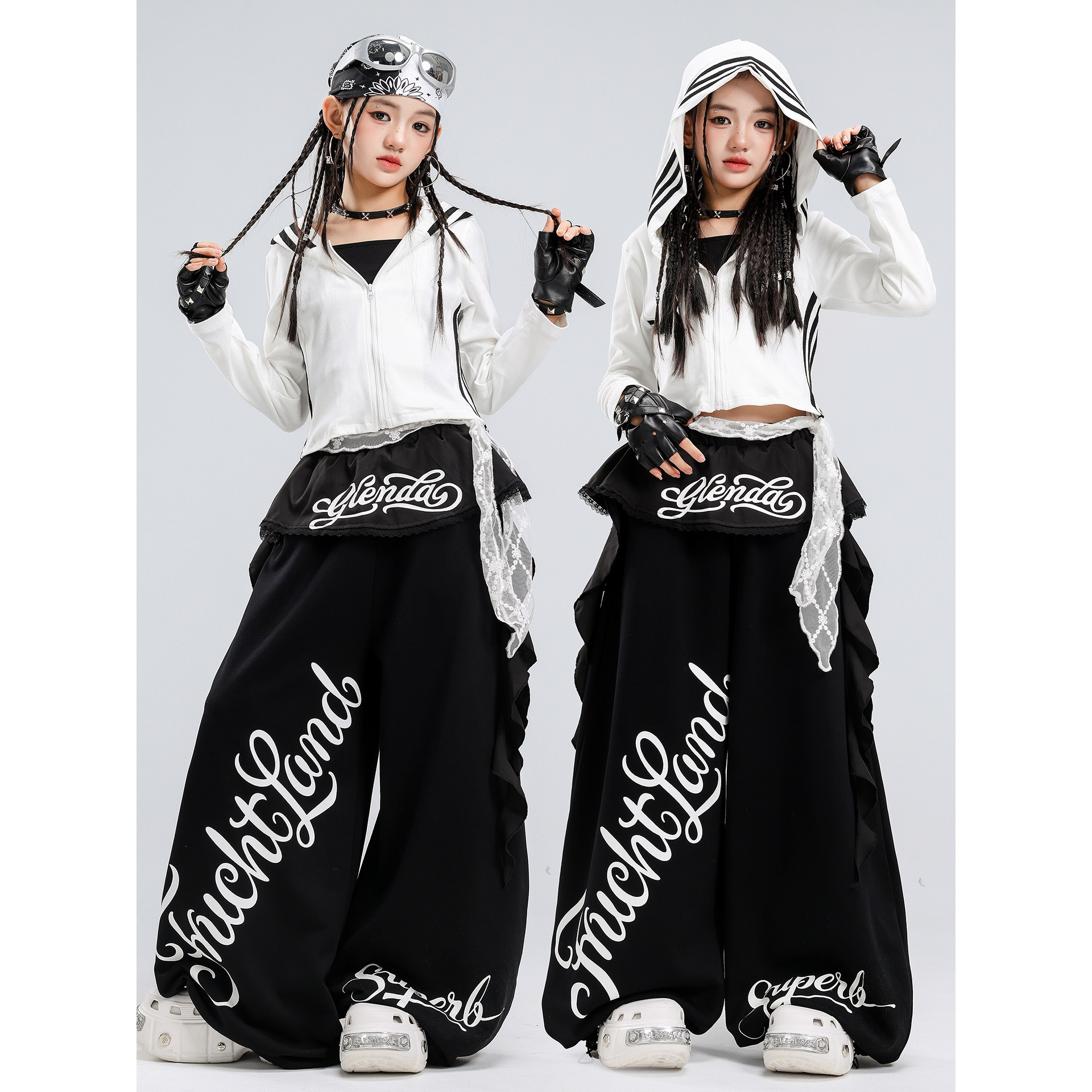 爵士舞服装女童jazz舞蹈演出服黑白连帽套装少儿走秀街舞表演服女