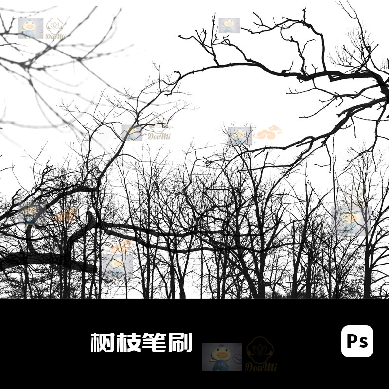 黑白树枝剪影真实感枯树枝头树杈PS景观常用笔刷前景氛围布置素材
