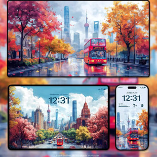 4K高清城市风景插画手机ipad平板壁纸现代建筑红车秋景梦幻插画图