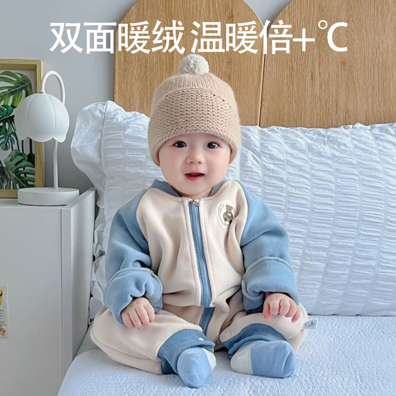 加绒加厚连体衣男女宝宝冬季保暖新生婴儿睡衣外套哈衣爬服家居服