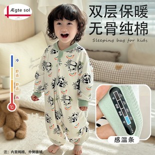 婴幼儿春秋新款 纯棉双层护肚睡袋宝宝防踢被男女童连体家居服睡衣