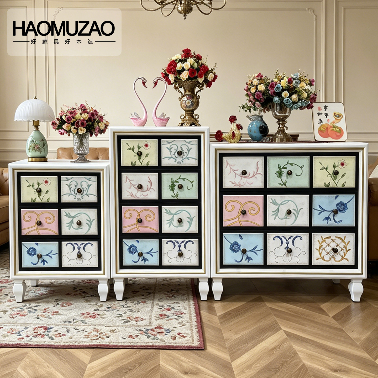 新中式实木斗柜彩绘收纳柜子卧室客厅阳台五六抽屉白色法式储物柜