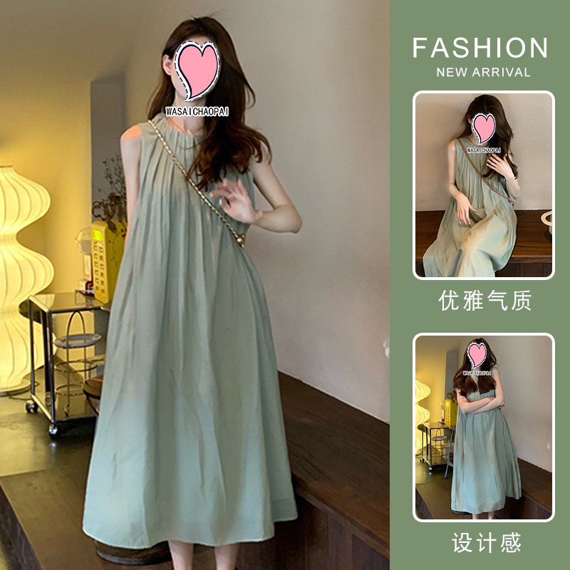 大码孕妇夏装无袖连衣裙女潮妈高级感上衣中长款绿色a字仙女裙子