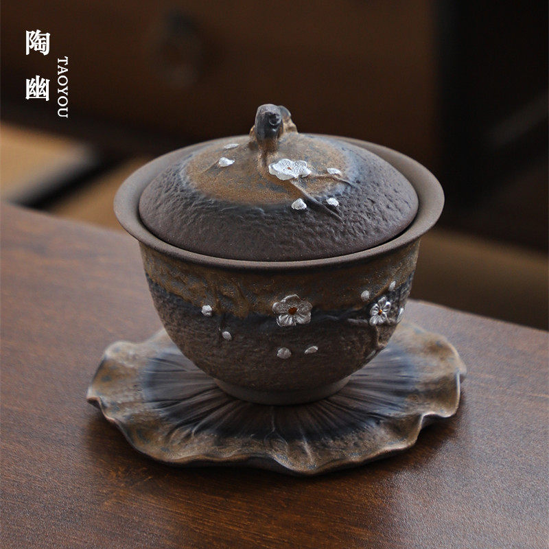 复古粗陶鎏金纯手工三才盖碗家用陶瓷功夫茶具二才泡茶碗茶杯单个