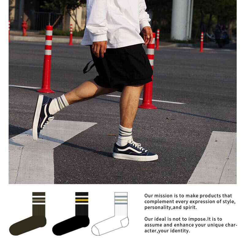 SOCKS MENS MID-RISE SOCKS TIDE THREE BARS CLASSIC STRIPES JAPANESE COLLEGE STYLE SPORTS SKATEBOARD SOCKS STOCKINGS MENS VERSATILE