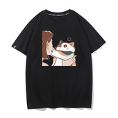 半袖 卡通动漫三花银渐层白色猫咪短袖 T恤宽松打底衫 纯棉衣服