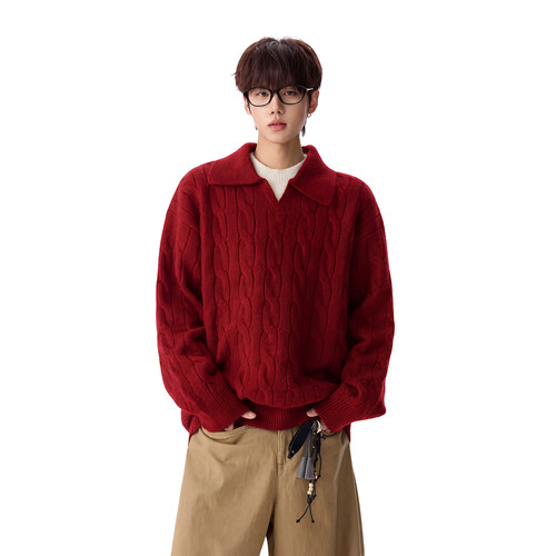 M-5XL 复古绞花假两件拼接POLO领毛衣男情侣麻花针织衫MY1292-P54