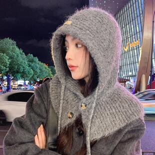 毛线帽女秋冬保暖围脖一体帽粗针织帽子休闲百搭大头围巴拉法克帽