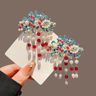 烧蓝小发冠红色发夹珍珠流苏发卡鸭嘴夹汉服头饰发饰复古明制边夹