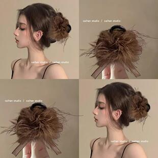 咖色显发量羽毛抓夹鲨鱼夹高级感驼鸟毛毛绒发夹后脑勺半扎发头饰