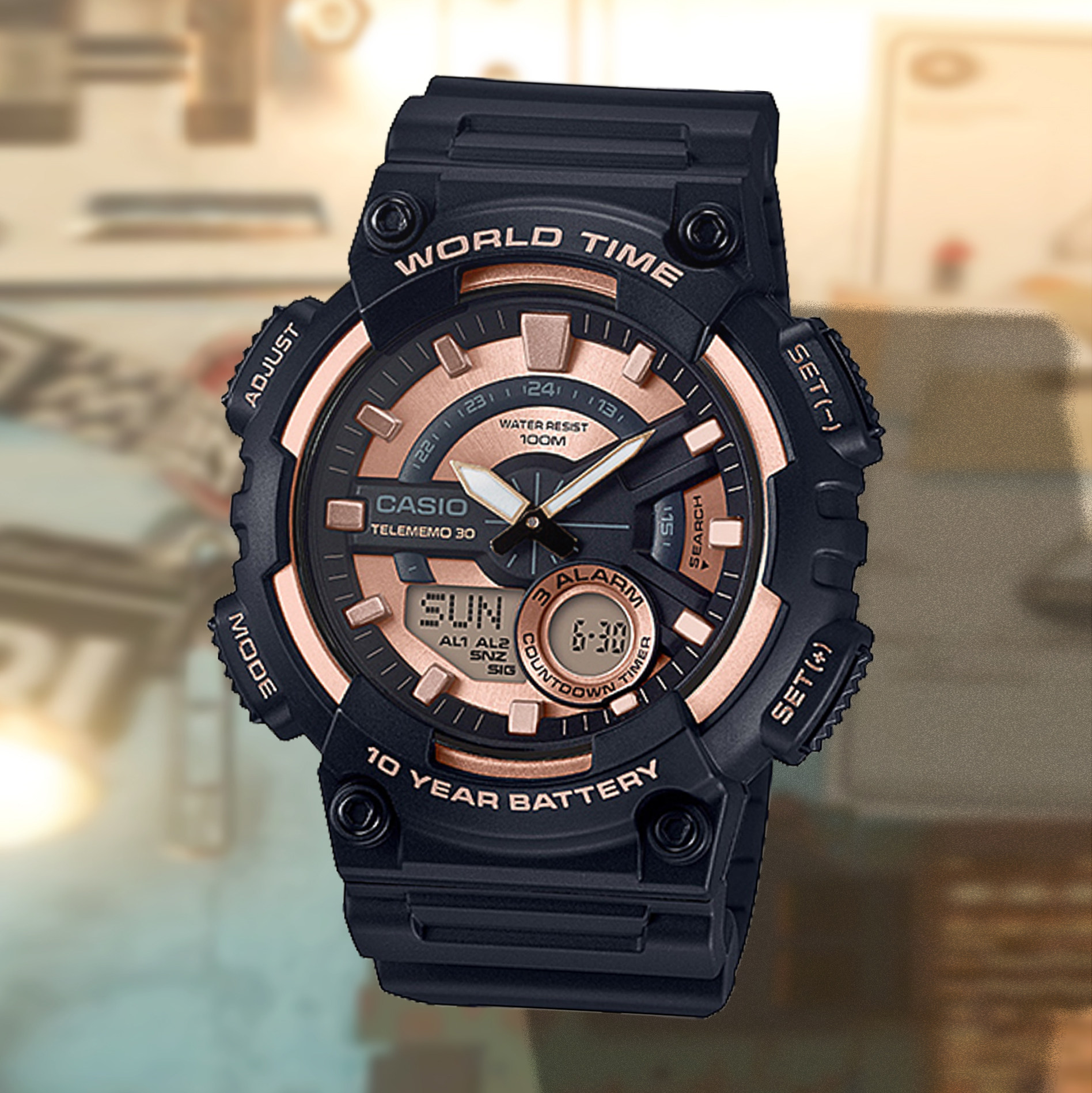 casio卡西欧手表男士黑金学生运动防水电子表男士表aeq-110w-1a3