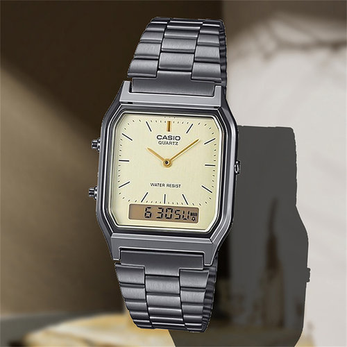 卡西欧(CASIO)小方块表小金表多功能双显运动石英手表AQ-230GG-9A