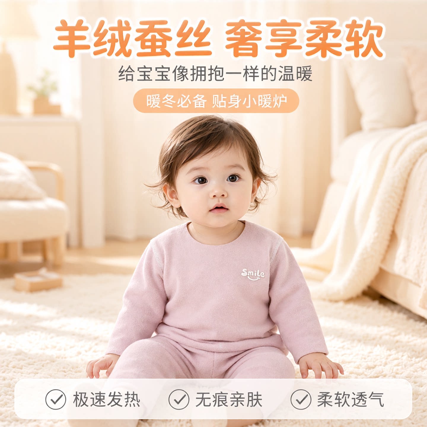 婴儿德绒打底衫秋冬季男童女童T恤羊绒蚕丝保暖宝宝上衣无痕秋衣