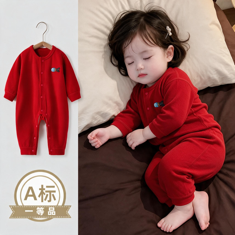 婴儿连体衣秋冬保暖过年服喜庆大红色满月周岁宝宝哈衣外出爬爬服