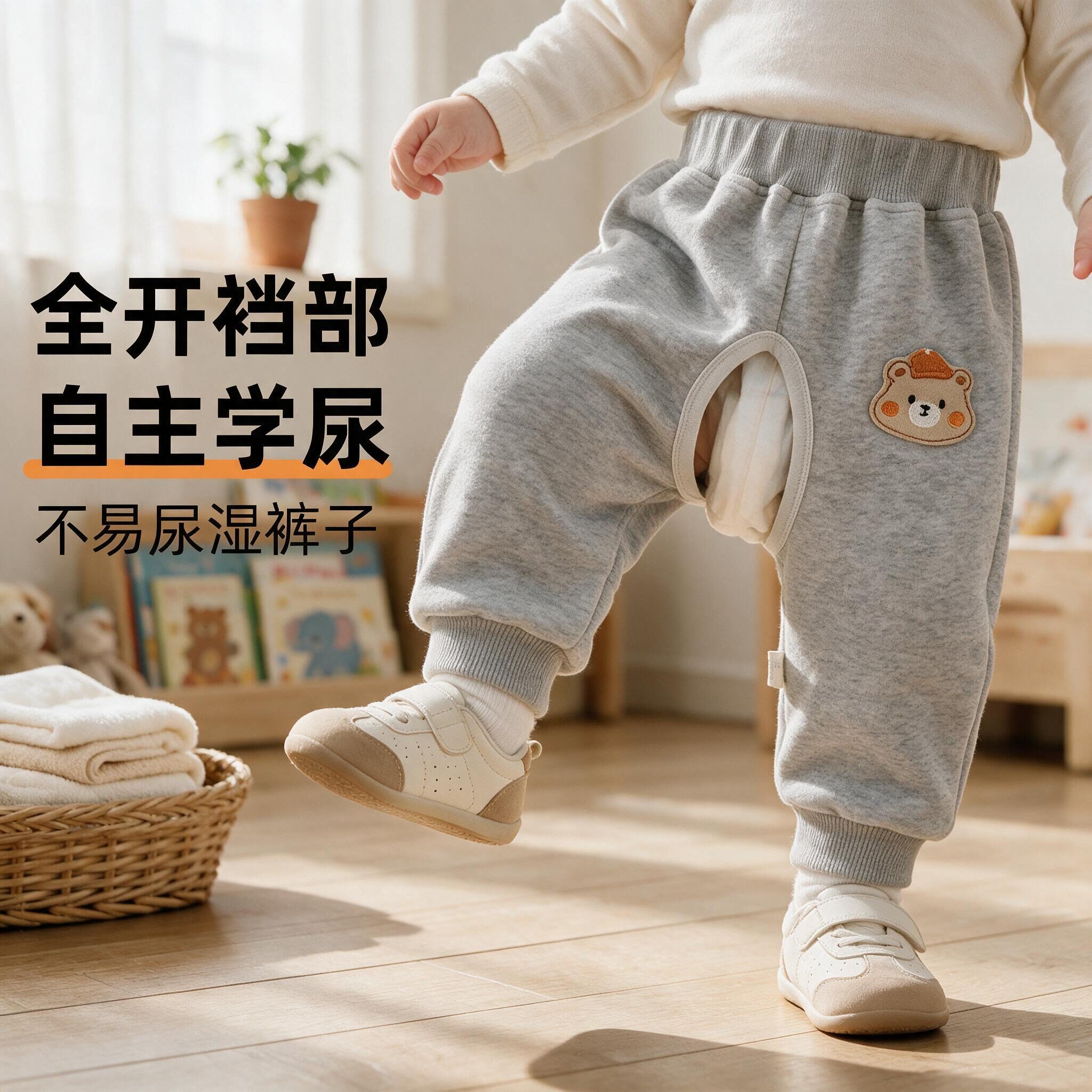 婴儿叉叉裤卡通裤子A类宝宝小熊贴布休闲戒尿裤长裤卫裤开裆裤