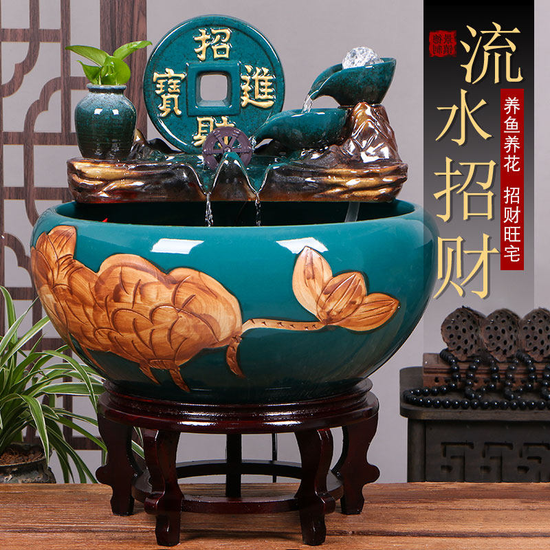景德镇陶瓷鱼缸客厅喷泉桌面流水鱼缸小型家用循环招财鱼缸养鱼盆