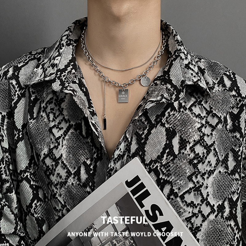 钛钢欧美方牌双层项链男士潮小众简约锁骨链女生设计感毛衣链颈链