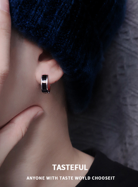 纯银素圈耳环男生日韩轻奢高级设计感耳钉男士秋冬复古耳圈女耳饰