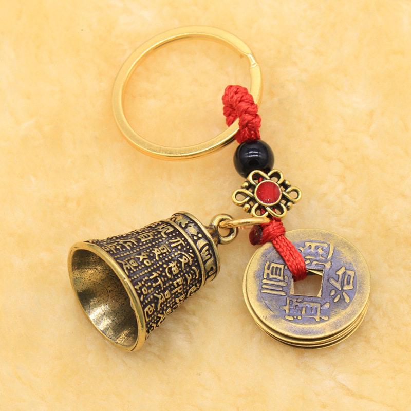 钥匙扣饰品配饰传统真铜五帝钱黄铜铃铛龙头风铃挂件手工复古三狮