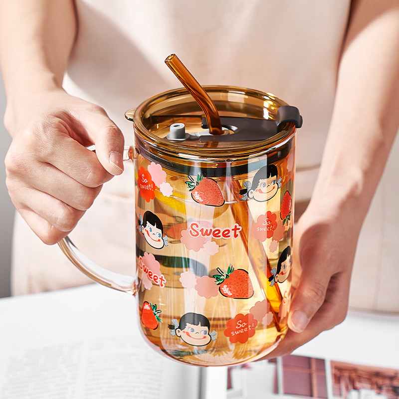 玻璃杯大容量女生吸管杯办公室1000ml水杯带盖子高硼硅杯子大号夏