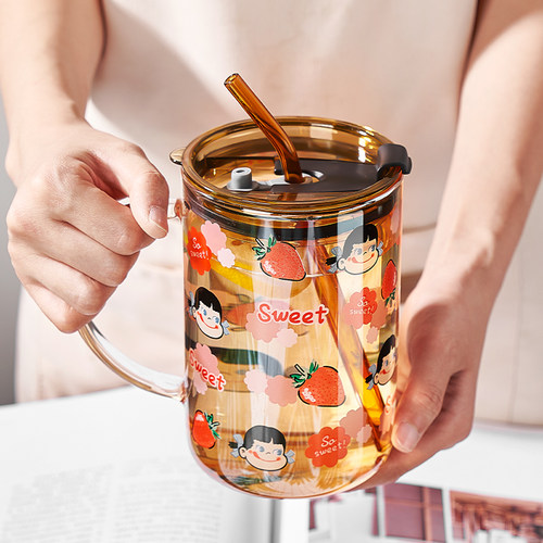 玻璃杯大容量女生吸管杯办公室1000ml水杯带盖子高硼硅杯子大号夏
