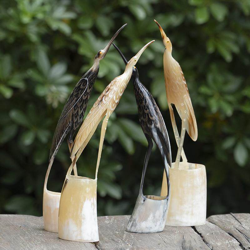 邱师傅竹木BJ139天然真牛角仙鹤鸟家居客厅桌面装饰招财风水摆设