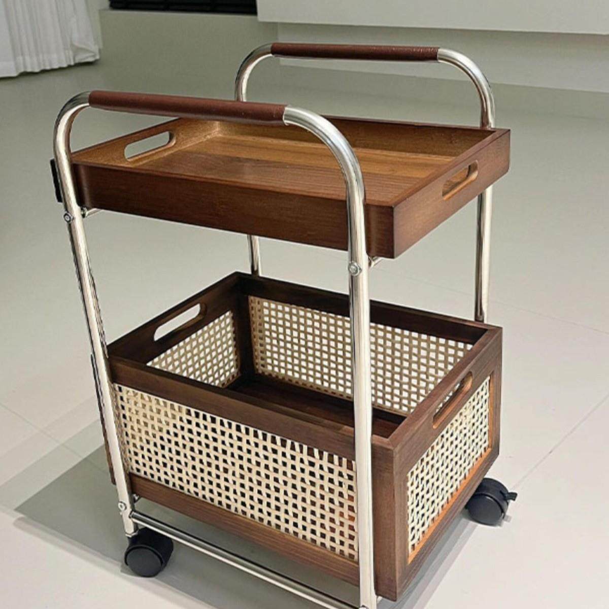 中古实木边几可移动小推车沙发边柜置物柜客厅茶水架高级藤编侘寂