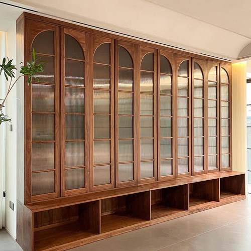 北美黑胡桃木书柜全实木书架落地书橱客厅展示柜书柜一体整墙定制