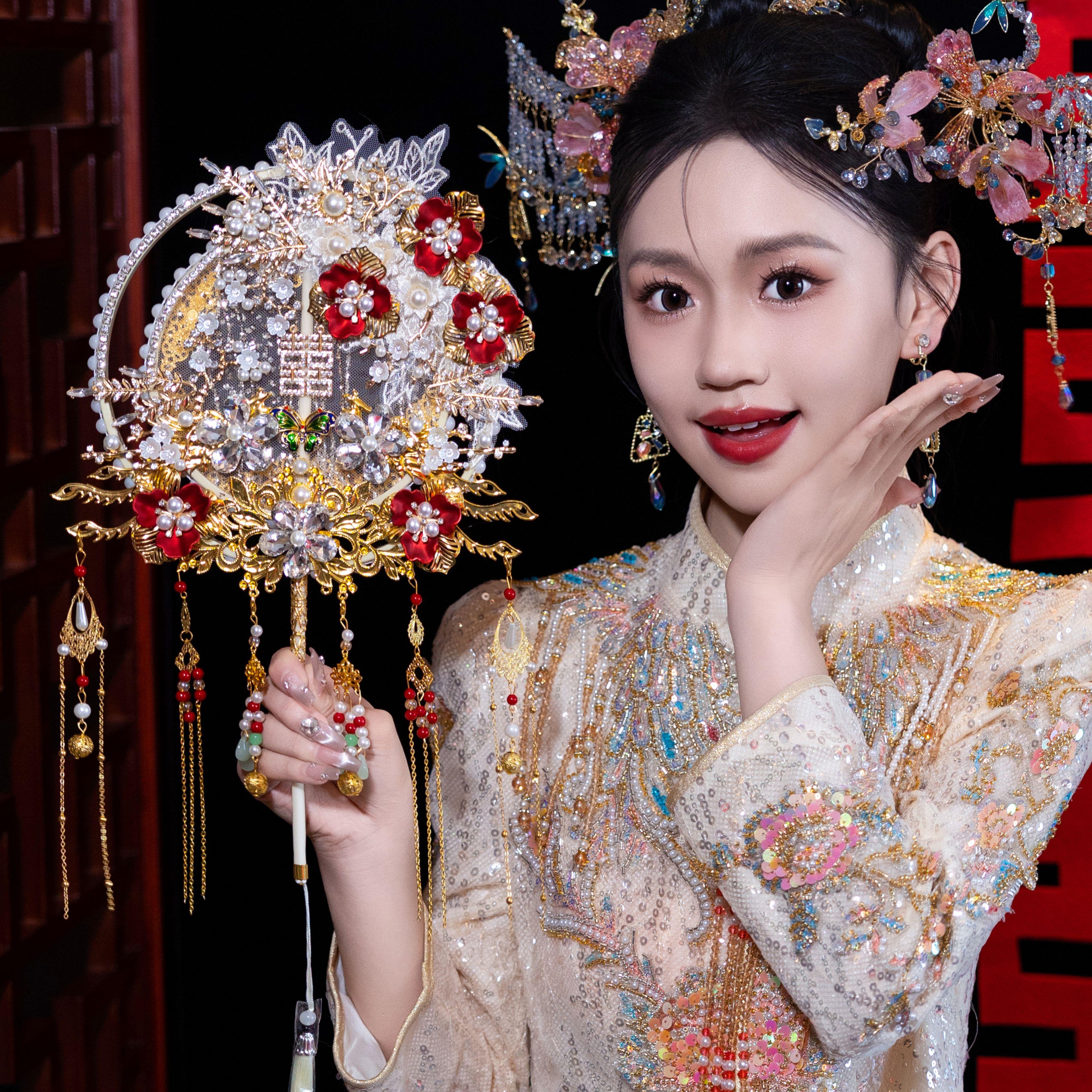 团扇新娘结婚diy材料婚礼高级秀禾双面扇子手工婚扇出嫁喜扇成品