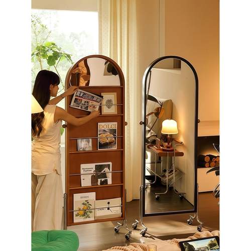 实木穿衣镜家用落地全身镜旋转杂志收纳一体可移动中覆古风试衣镜