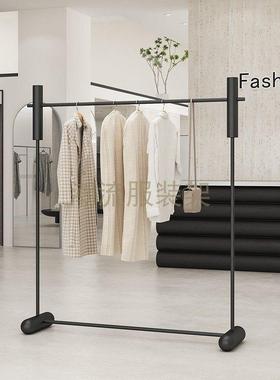 黑色服装店展示架落地陈列中岛架挂衣杆男女装店不锈钢亮面货架