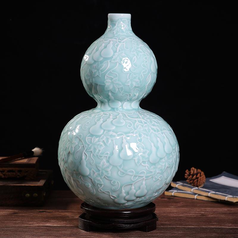 手工浮雕青瓷葫芦瓶 景德镇陶瓷器青瓷台面插花花瓶仿古中式家居