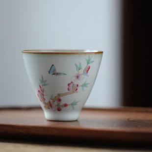 景德镇手工手绘桃花荷花蜻蜓斗笠主人聚香茶杯汝窑开片文艺品茗杯