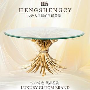 轻奢玻璃餐桌现代艺术创意设计师客厅家用不锈钢稻穗圆形饭桌 意式