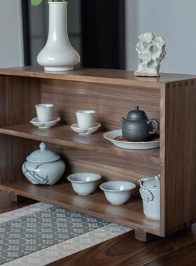 黑胡桃木桌面置物架实木双层茶室书桌收纳架新中式杂物储物架