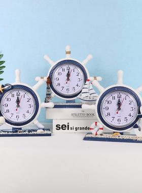 地中海木制静音时钟客厅装饰品航海舵手灯屋时钟儿童房间独特的桌