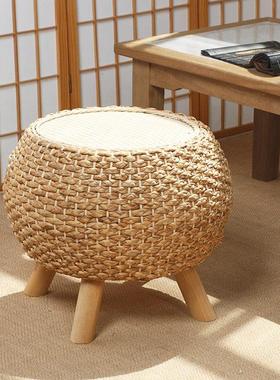 藤编矮凳坐凳实木凳子阳台榻榻米椅子茶几圆凳手工草编客厅换鞋凳