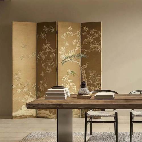国潮中国风新中式折屏屏风隔断客厅玄关酒店背景墙茶室移动花鸟画