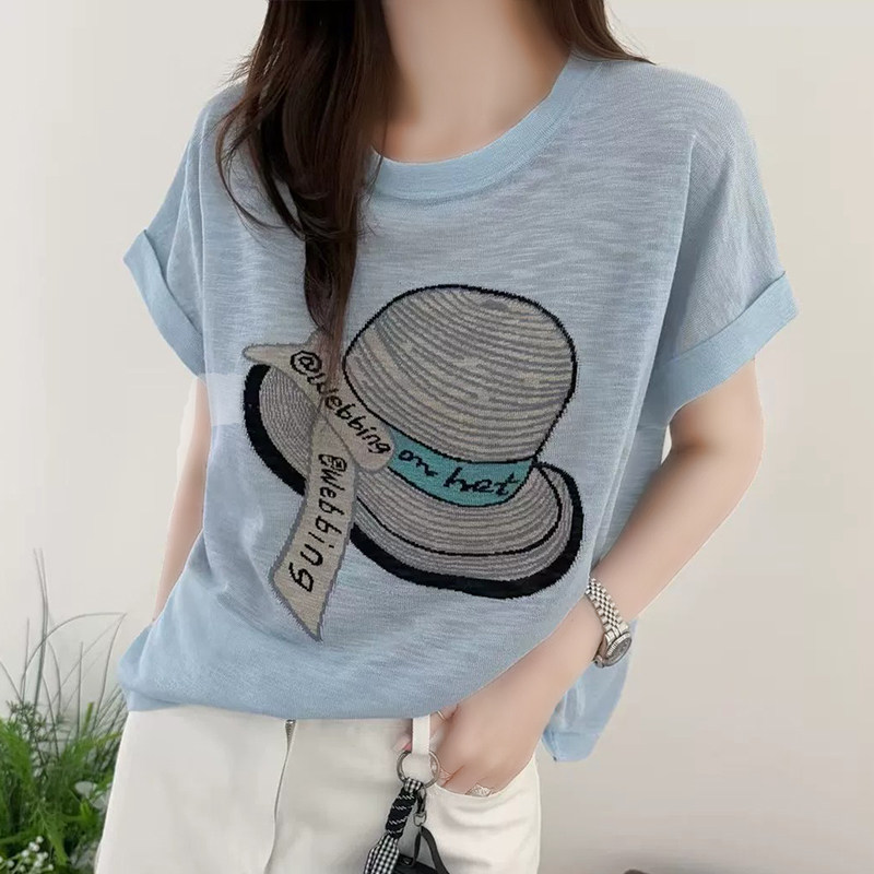欧货2026新款减龄亚麻风帽子提花宽松短袖薄款竹节麻T恤上衣女夏