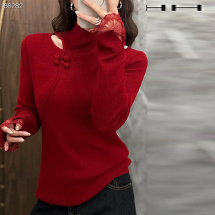 100羊毛2026半高领盘扣蕾丝拼接红色新中式洋气打底针织衫上衣女
