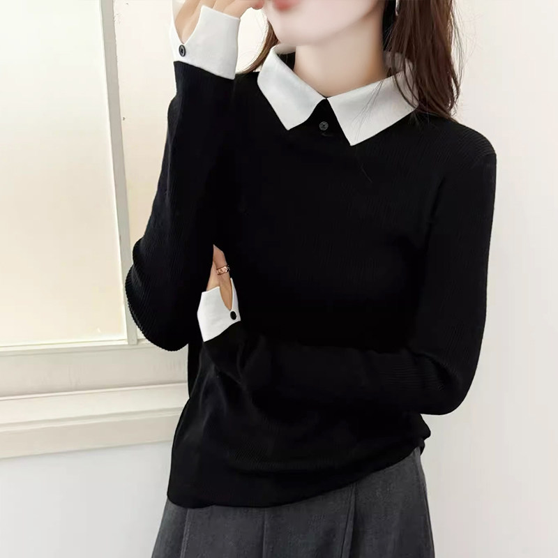 小翻领撞色拼接袖口开叉假两件