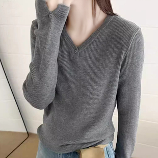 打底衫 90%羊毛欧货2025新款 口开叉针织衫 袖 上衣女 简约风V领薄款