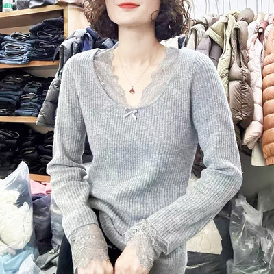 羊毛套头V领修身蕾丝拼接