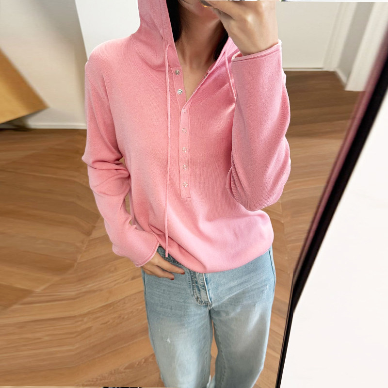 2026新款简约小清新抽绳连帽宽松时尚百搭套头洋气针织衫上衣女